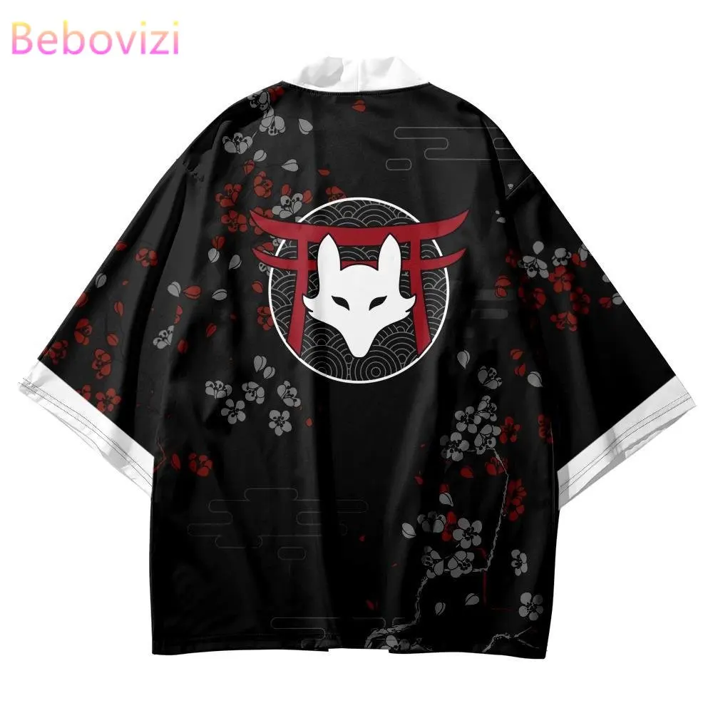 

Traditional Japanese Inari God Fox Print Kimono Cosplay Haori Obi Women Men Cardigan Beach Yukata Asian Clothing Plus Size 6XL