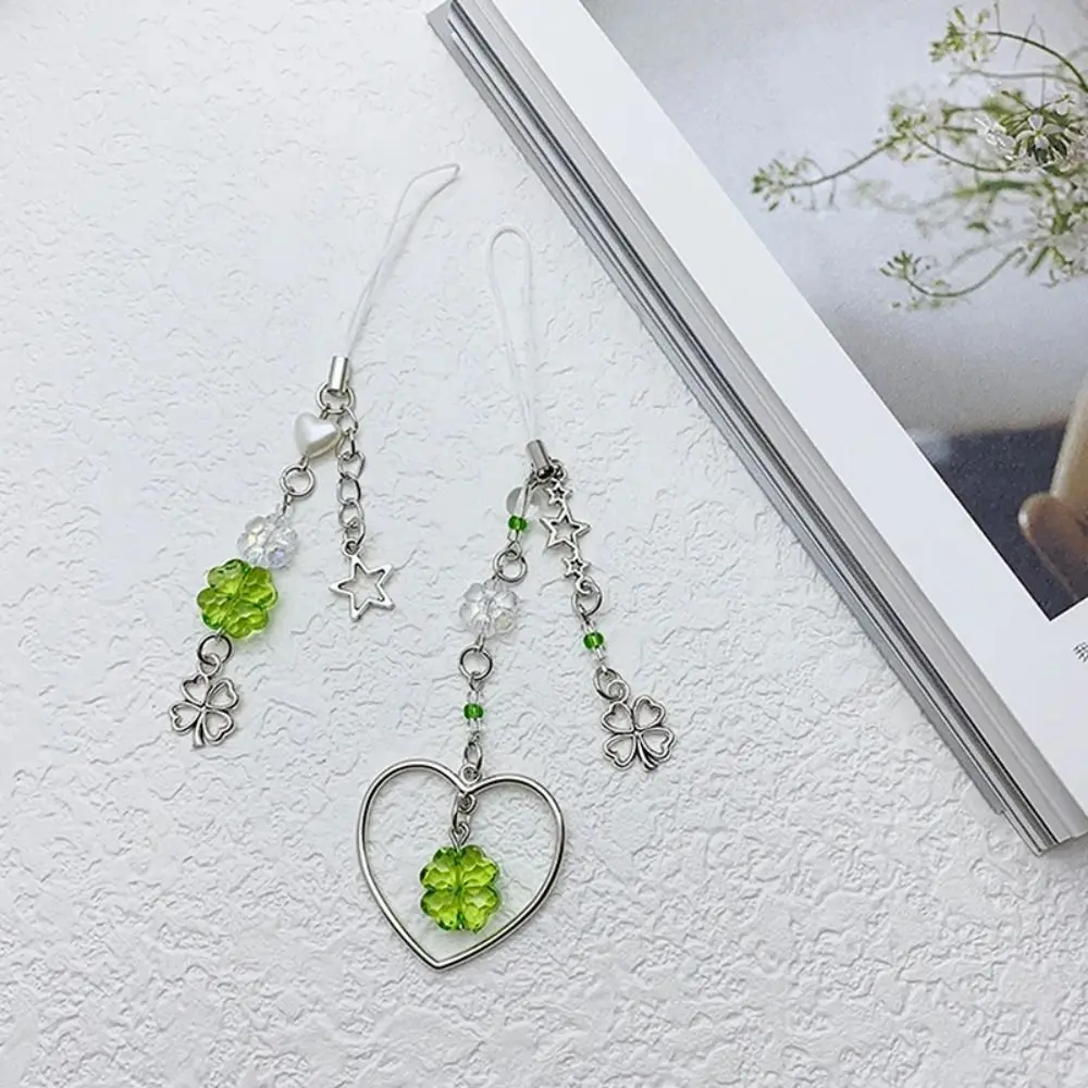 Summer Lucky Grass Phone Charms Green Refreshing Four-leaf Clover Beaded Keychain Clover Five-pointed Star Women