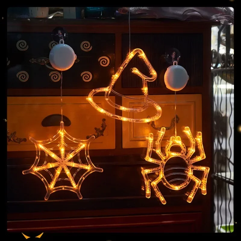 Decorazione a LED per Halloween Lampada a forma di zucca Ragno Pipistrello Fantasma Appeso Ventosa Decorazione per finestre in vetro per illuminazione natalizia per feste
