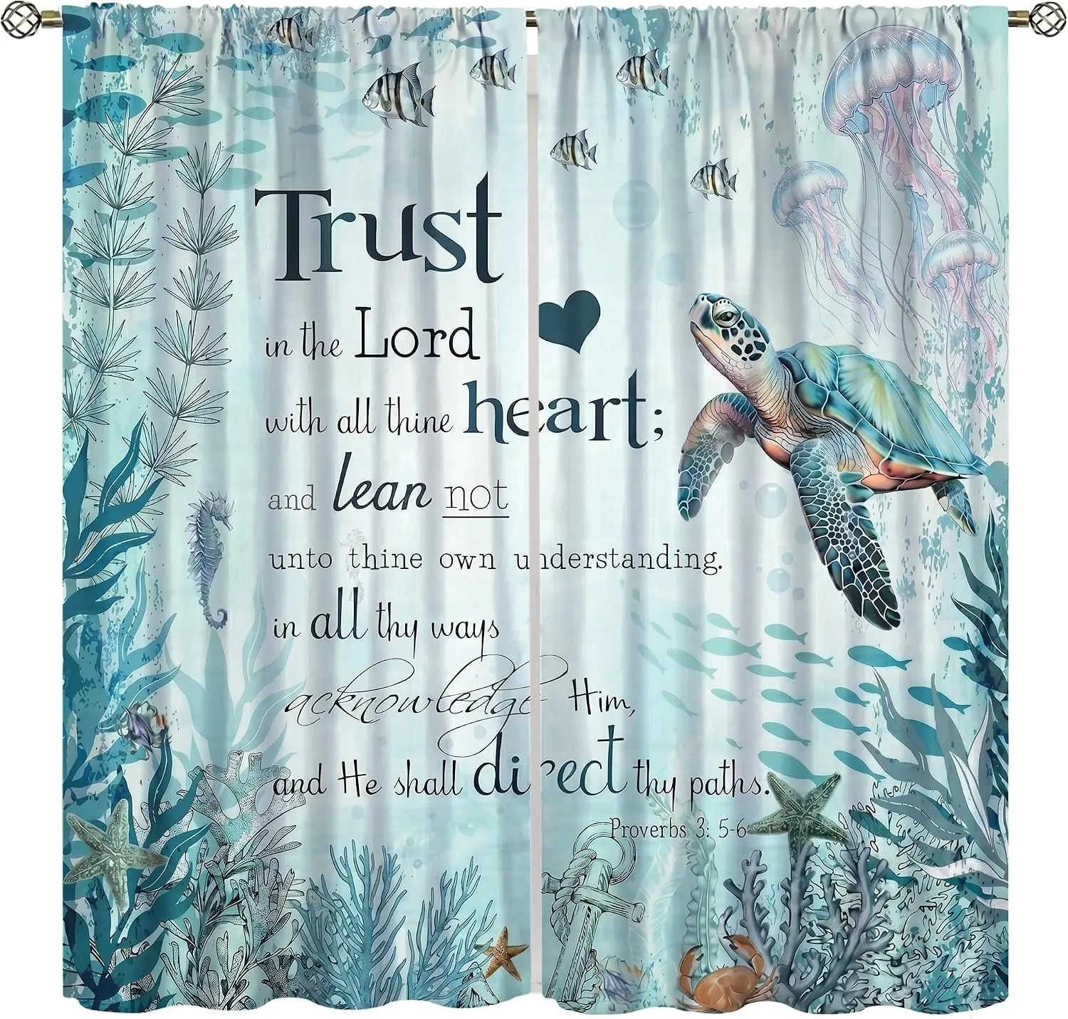 Tropical Ocean Sea Life Curtain Window Panel Blue Underwater Sea Turtle Nautical Inspirational Scripture Quotes Home Decor
