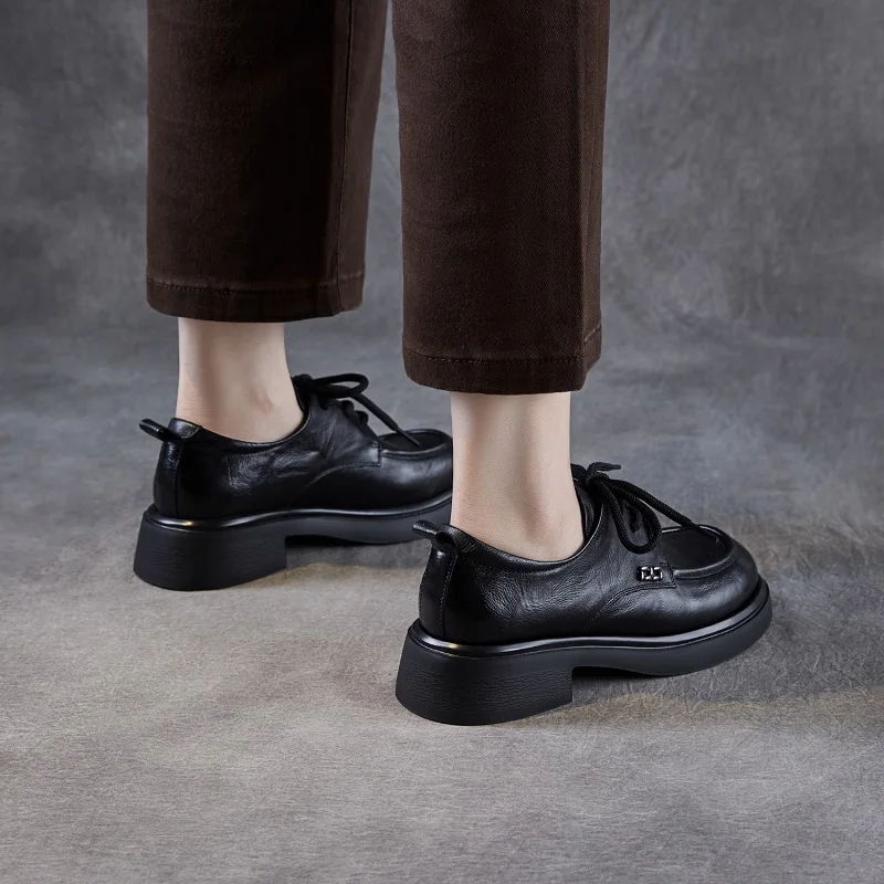 DRKANOL 2026 Women Genuine Leather Shoes Handmade Retro British Style Thick Heel Round Toe Comfort Casual Single Shoes H258569Z