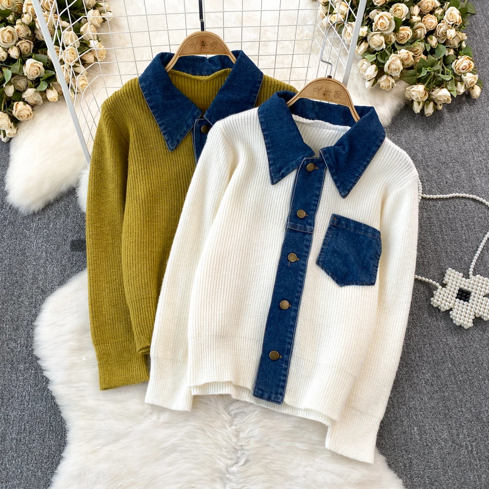 Autumn Knitted Cardigan Women Turn-down Collar Single-breasted Splicing Denim Knitwear Casual Fashion Long-sleeved Sweater Coat