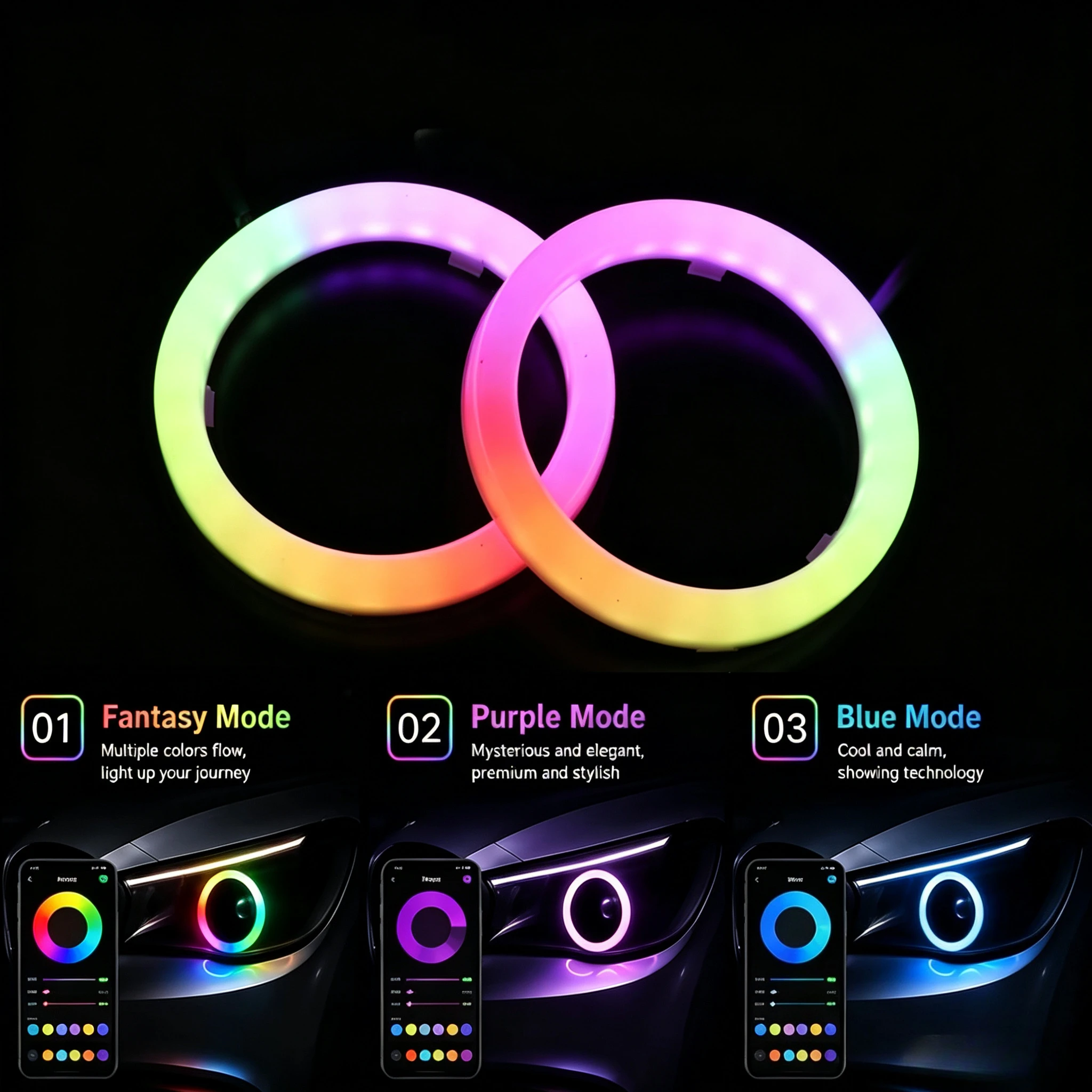 LED Angel Eyes DRL Halo Ringe DRL Scheinwerfer 60mm 70mm 80mm 90mm RGB Baumwolle 2 Stück 12V 24V APP Bluetooth mit Blinkerfunktion
