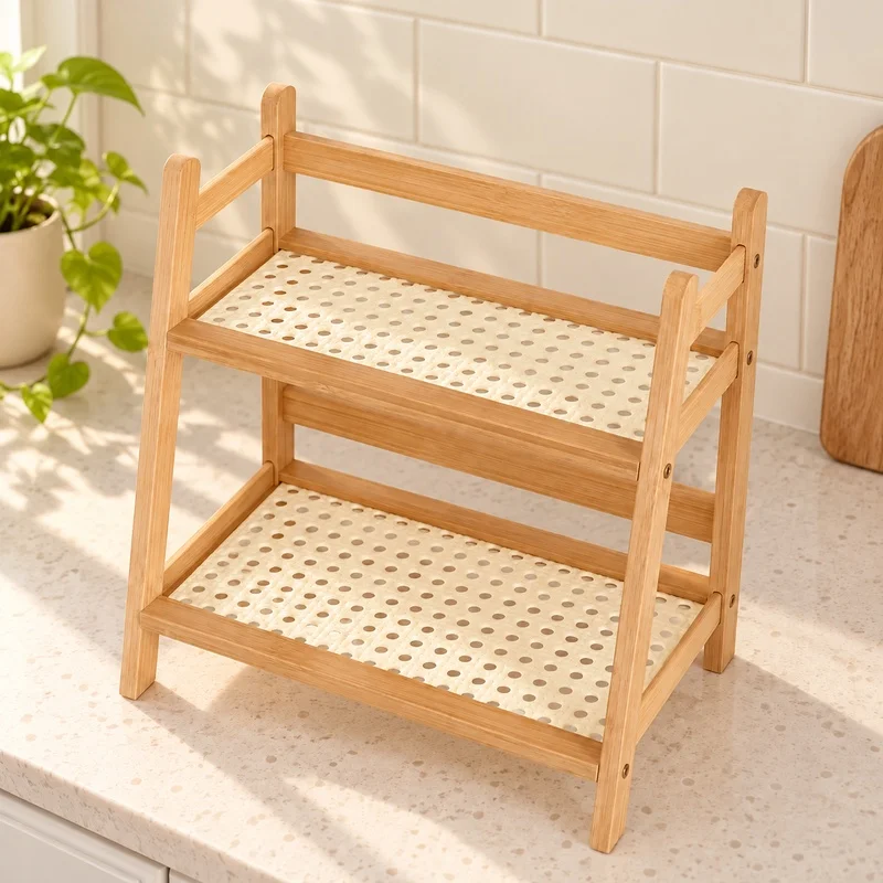 Two-Tier Bamboo Countertop Organizer, Compact Shelf for Coffee Mugs, Cosmetics, Kitchen and Bathroom