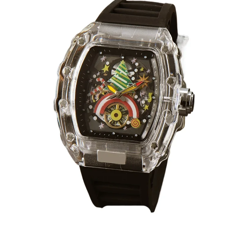 

New Foreign Trade Wine Barrel Type Men's Transparent Quartz Watch Fashion Youth Student Party Multi functional Quartz Watch
