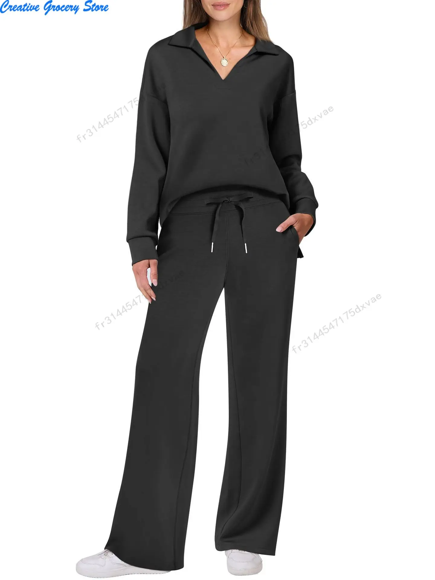 مجموعة سراويل نسائية غير رسمية جديدة للخريف والشتاء أوروبية وأمريكية بأكمام طويلة برباط بلون سادة #3