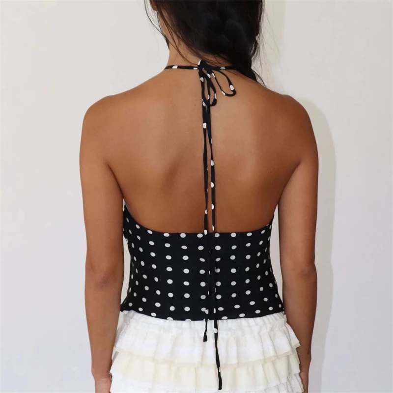 2025 Vrouwen Halter Tank Tops Zomer Tie-up Mouwloos Backless Bloem Stippen/Effen Zomer Vest Dames Slanke Hemdje Party Y2K