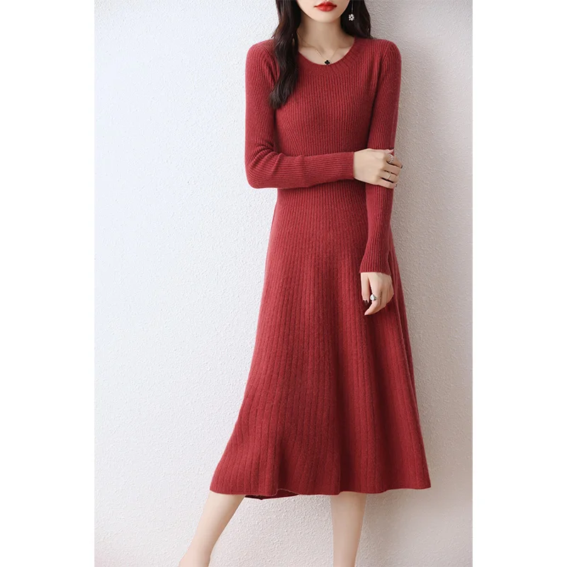 100% Wool Winter Dresses For Women 2023 Fashion Cashmere Sweaters Hot Sale Long Style Pullovers 6Colors Jumpers DR01