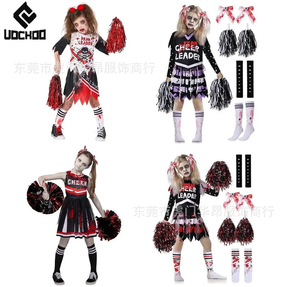 Girl Zombies Cheerleaders Dress Halloween Cosplay Costume Horrible Bloody Gown Gothic Child Two Piece Day of The Dead Party Wear view 6