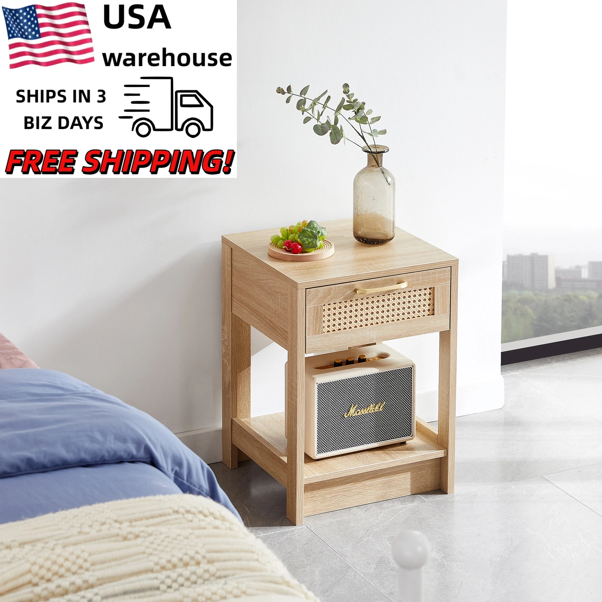 

Modern Rattan End Table with Drawer Storage Shelf Natural Side Table for Living Room Furniture