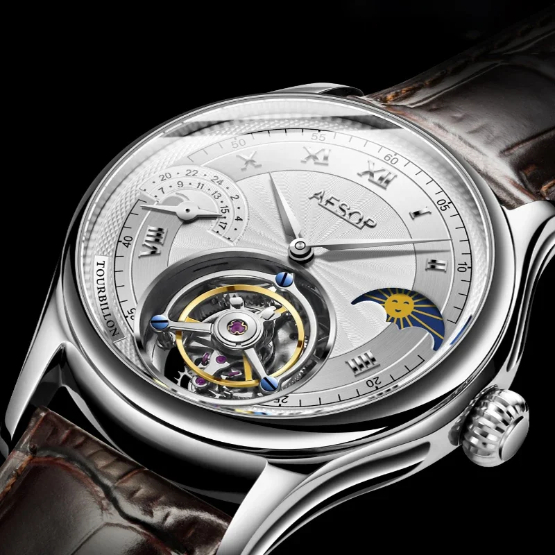 

AESOP Деловые мужские оригинальные механические модные часы с турбийоном, многофункциональные наручные часы с сапфировым механизмом и фазой Луны