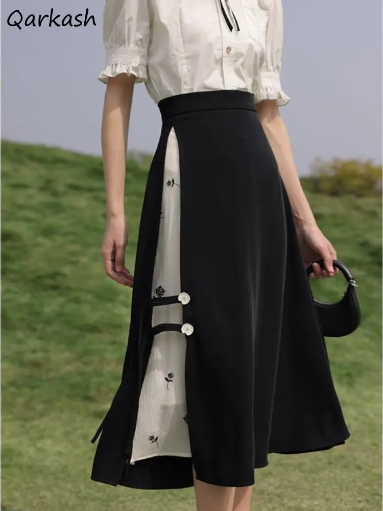 Skirts Women Summer Chinese Style High Waisted Casual A-line Patchwork Designer Temper All-match Юбка Женская Baggy Black Preppy