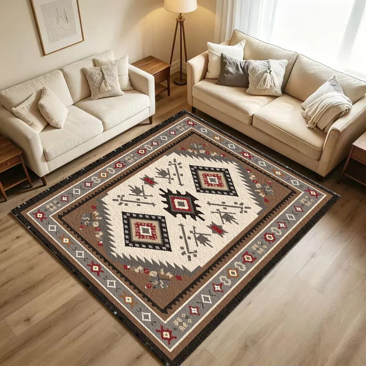 Southwestern Ethnic Geometric Diamond Carpet Flooring Retro Tribal Bohemian Brown Beige Red Symmetrical Border Art Pattern Print