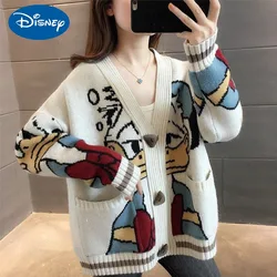 Disney-suéter de dibujos animados del pato Donald para mujer, cárdigan de punto grueso, chaqueta de manga larga holgada informal, Top de moda, cálido, invierno