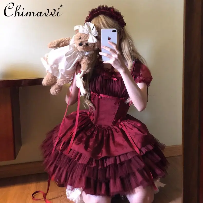 Small Ribbon Lolita Dress Spring and Summer New Sweet Girl Ballet Style Waist Sweet Girls Women Suspender Cake Princess Dresses