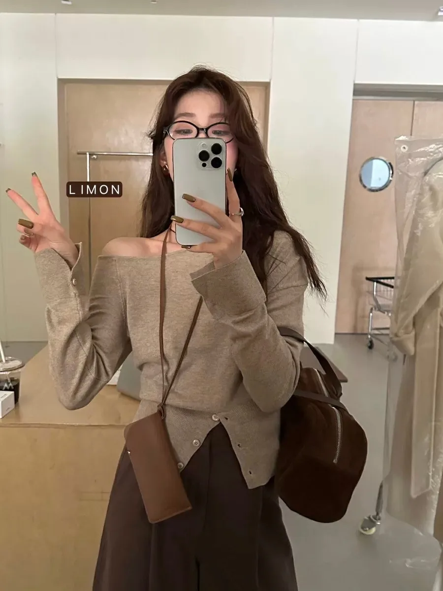 

Korean Sle Bla Knitted ort Sve Long irt Women's Spring Autumn Chic Thin Base irt Sweet Fit pe Warmth Heating