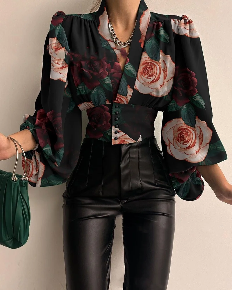 

2022 New Spring Elegant Lantern Long Sleeve Shirts V-neck Button Solid Color Print Slim Shirt Casual Fashion Lady Office Blouses