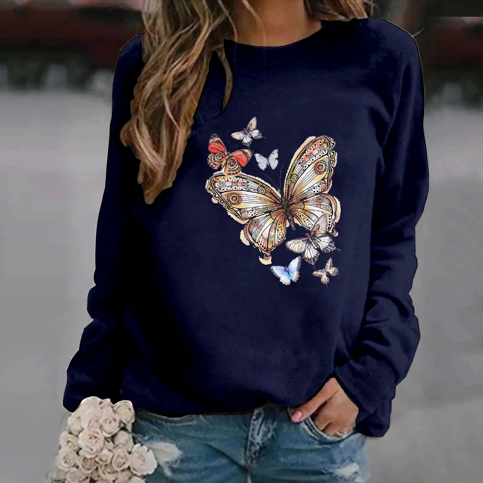 Popular Butterfly Printing Hoodless Sweatshirts For Women Autumn Winter Fashion Casual Solid Color Ladies O Neck Sweater