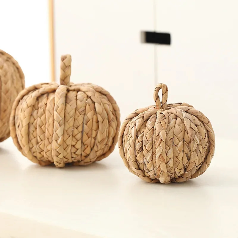 Hand Knitting Rattan Pumpkin Figurine Harvest Pumpkins Ornaments Statue Autumn Table Decoration Fall Decorations Home Figurines