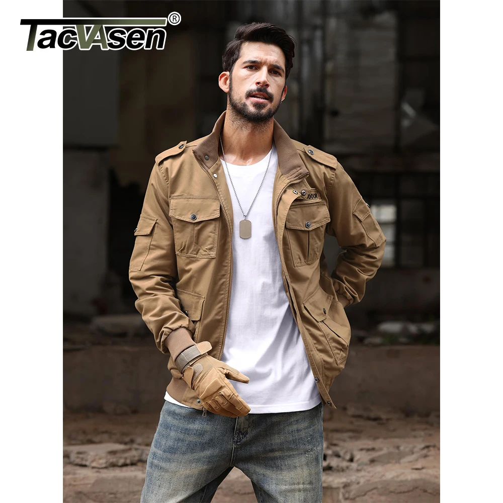 TACVASEN Men\'s Bomber Jacket Casual Cotton Outerwear Autumn Windbreaker Cargo Working Jacket with Multi Pockets