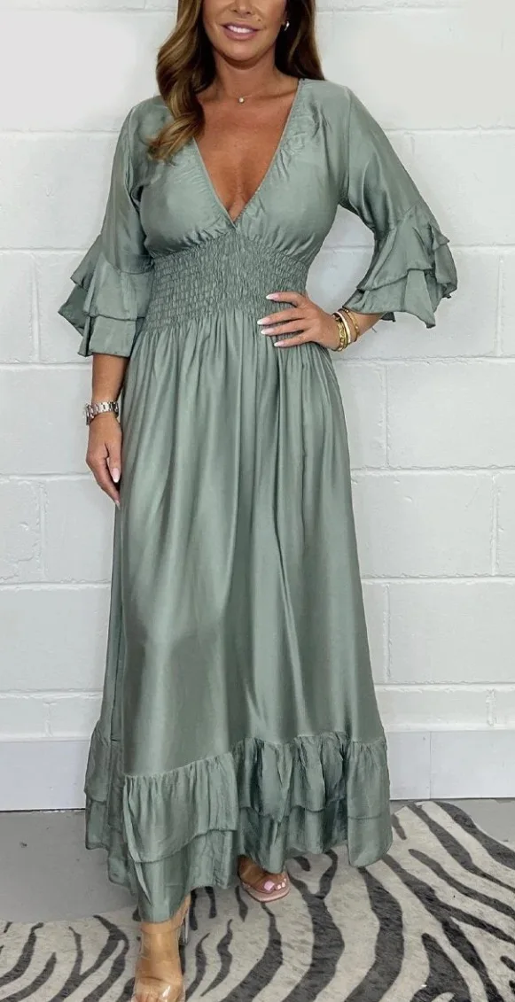 Women's Dresses Spring Autumn Deep V-neck Ruffles Sleeve Solid Color Satin Face Casual Design Sense Women Streetwear Robe Femme