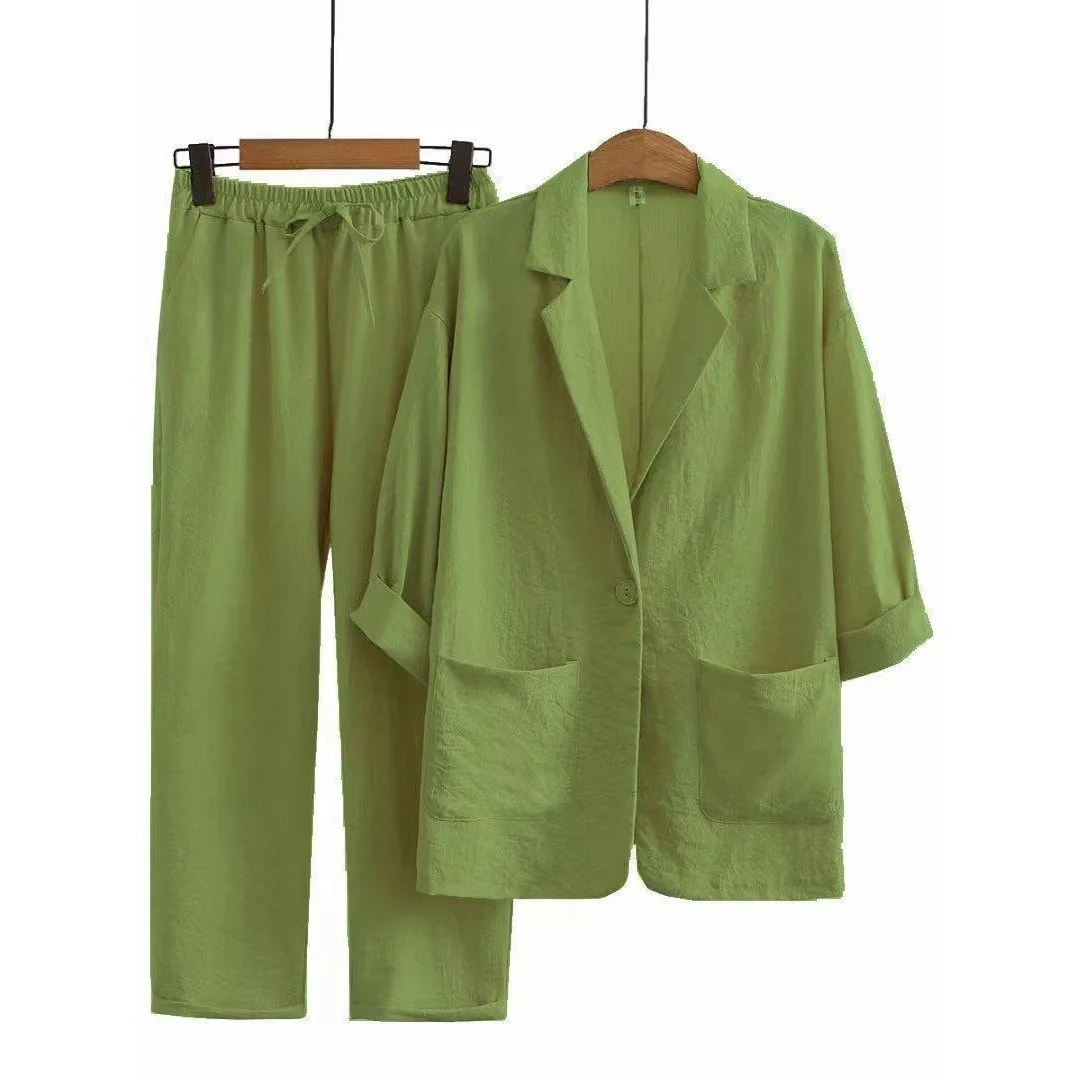 Conjunto Casual de Algodão e Linho com Manga Longa, Estilo Solto e Elegante, em Cores Sólidas para Primavera e Outono