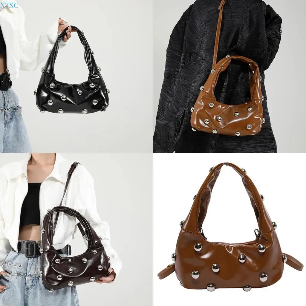 

X7XC Fashionable Retro Rivet Shoulder Bag Practical PU Leather For Trendy Women