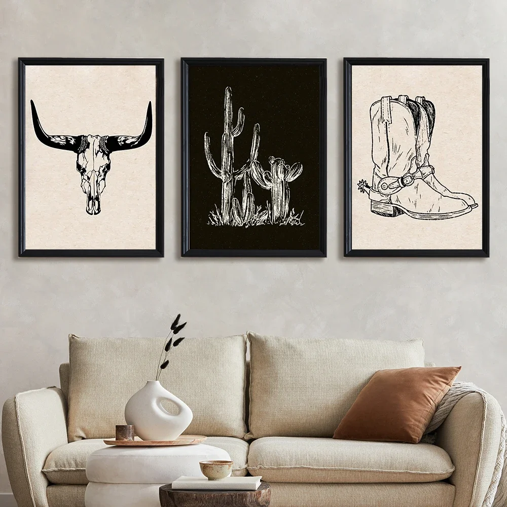 3PCS Frameless Western Cow Skull Cactus Cowboy Boot Canvas Wall Art Retro Desert Sketch Print Living Room Home Decor