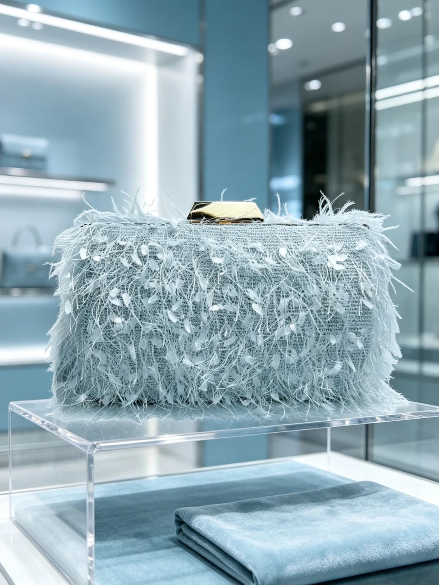 Light Blue Fluffy Feather Clutch Bag Plain Mesh Fabric Metal Lock Evening Handbag Elegant Formal Wedding Purse For Middle Ladies