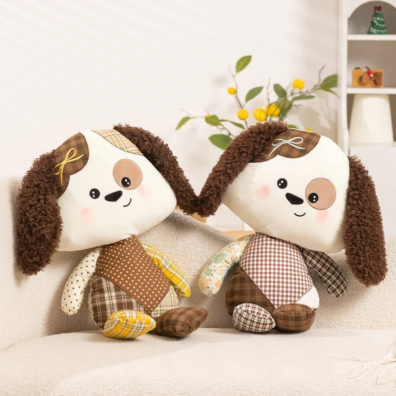 Patchwork Dog Plush Doll Pink Yellow Brown Checkered Styles Curly Fur Ears Ribbon Bow Soft 65cm Sofa Lounge Hugging Companion