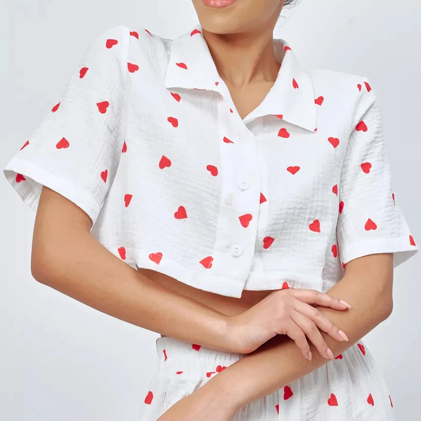 

HiLoc Sleepwear 2026 Two Piece Spring Love Print Cotton Pajamas For Women Winner Long Sleeve Blouse Women With Wide Leg Pants