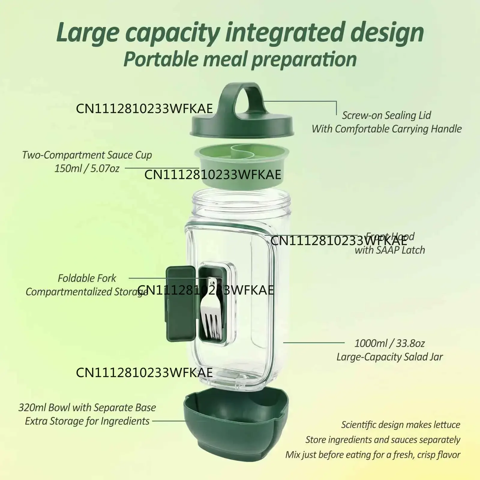 New Salad Jar Portable Leak Proof Side Open Salad Jar with Dressing Cup and Fork Vertical Layering Salad Container for Meal Prep