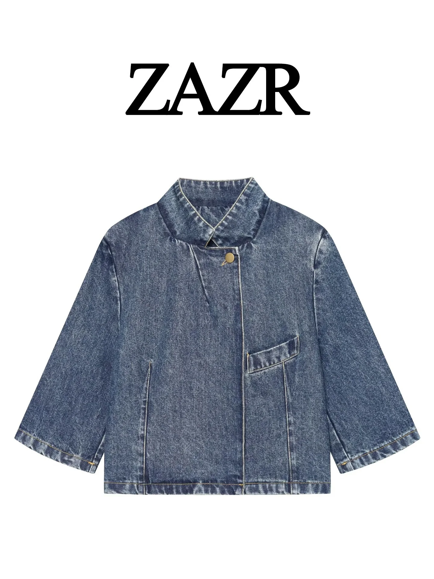 Fashionable Slim Fit Short Sleeve Stand Collar Denim Jacket Women's Stylish Outerwear Polyester Fiber Button Closure