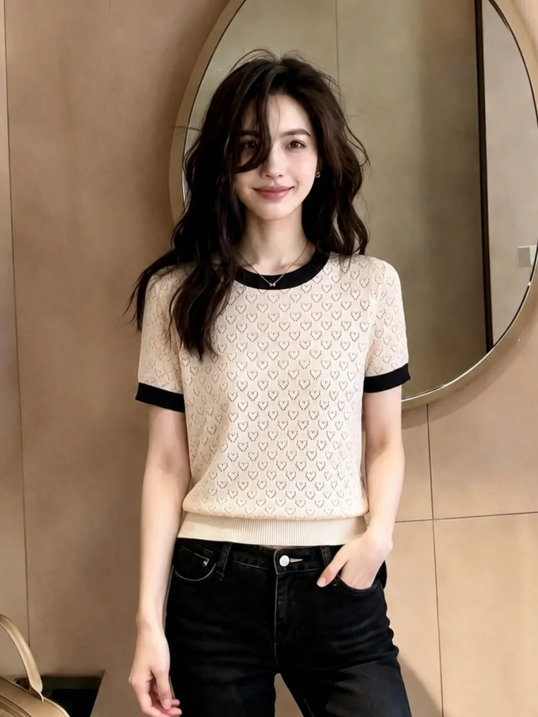 

Korean Style round Neck Short Sleeve Knitted Sweater Women's Slim Fit Color Block Commute Top Summer Fashion Elegant