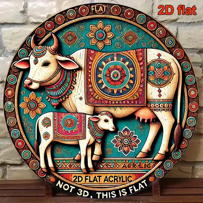 2D Flat Round Aluminum Sign, Vintage Decorative Plaque about Indian Sacred Cow And Calf, Hindu Ethnic Kamadhenu Art Decoration