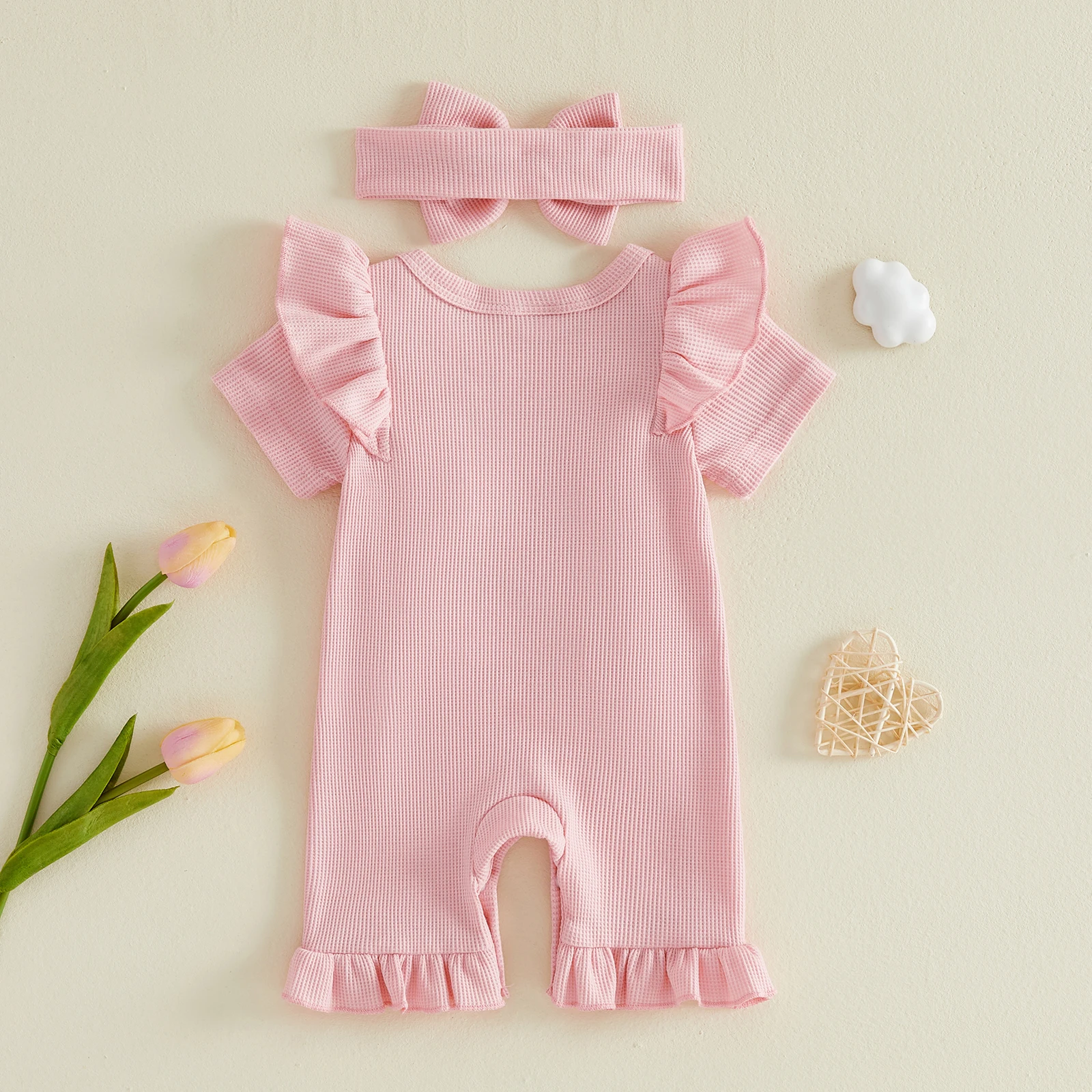 Newborn Baby Girl Summer Jumpsuits Outfits 3D Flower Short Sleeve Ruffled Romper Bow Headband 2 Piece Set