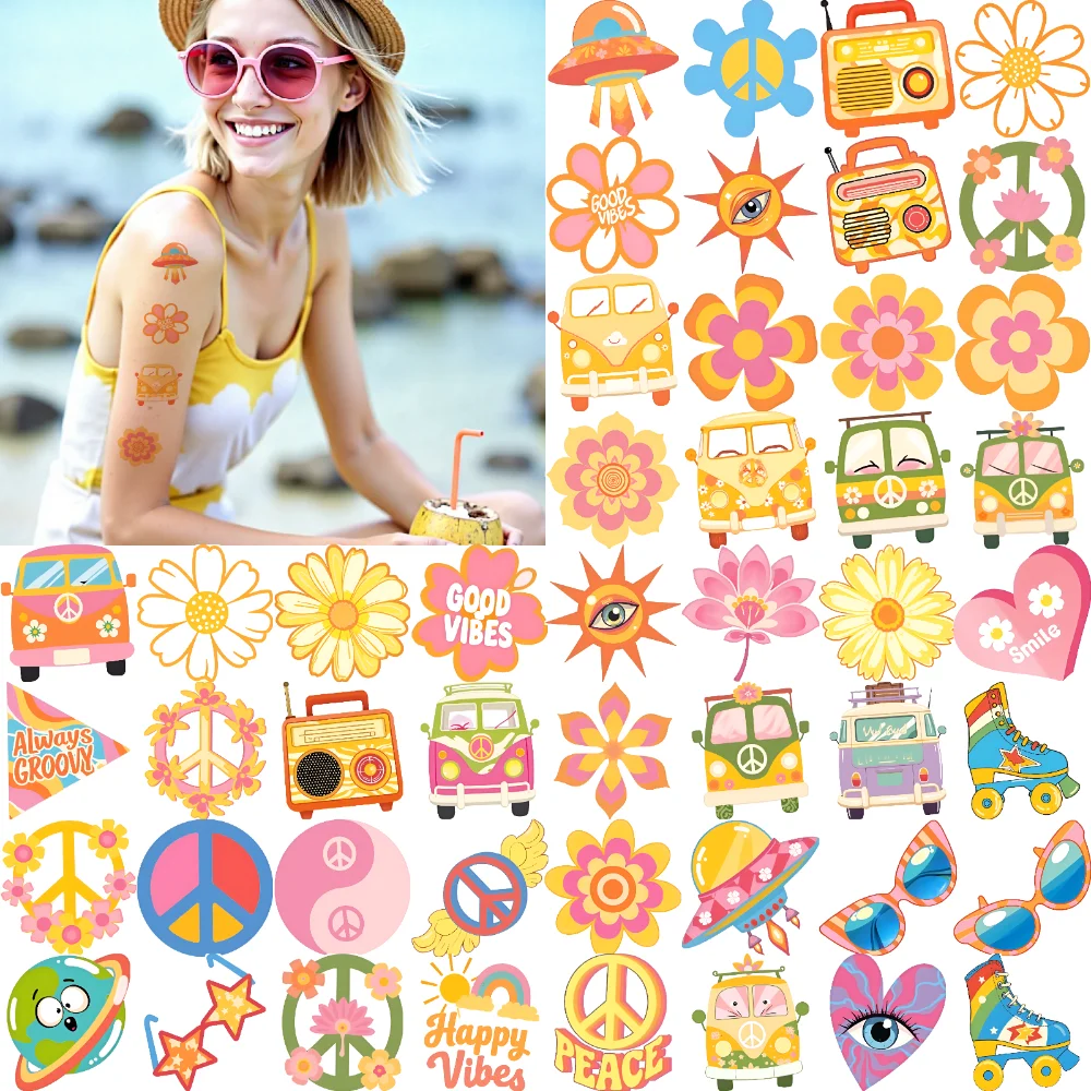 

54pcs Temporary Tattoo Heart Cartoon Vibes Flower Waterproof Long-lasting Body Stickers Van For Adults Cheeks