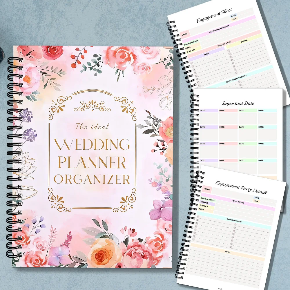 1PC Notebook, Lush Floral & Gold-Embellished, Coil-Bound, 2026 Wedding Planner Organizer Notebook, Great for Venue Coordination