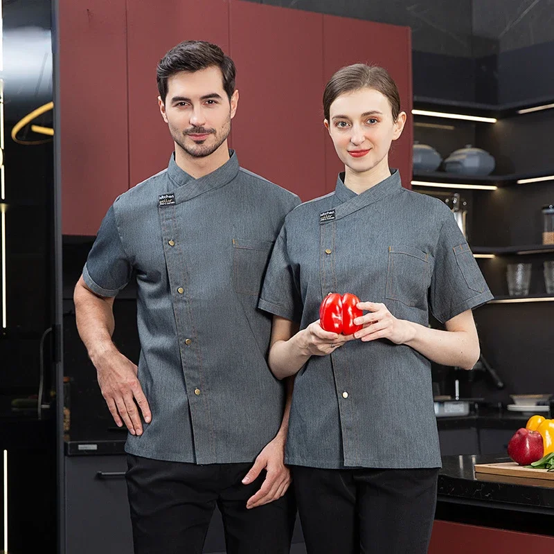 Short Sleeve Restaurant Chef Kitchen Work Uniforms Men Women Sushi Bakery Cafe Waiter Catering Food Service Stand Collar Jackets