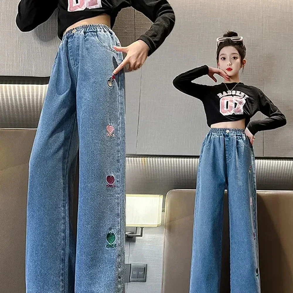 Girls Jeans Kids Cartoon Print Elastic Waist Denim Pant 2024 Spring Fall 3 To 12Yrs Teenagers Trousers Children\'s Cotton Clothes