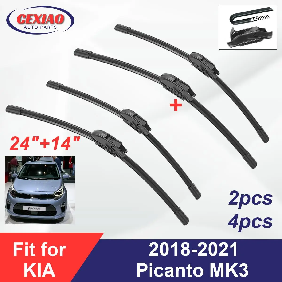 For KIA Picanto MK3 2018-2021 Front Wiper Blades Boneless Frameless Rubber Cleaning