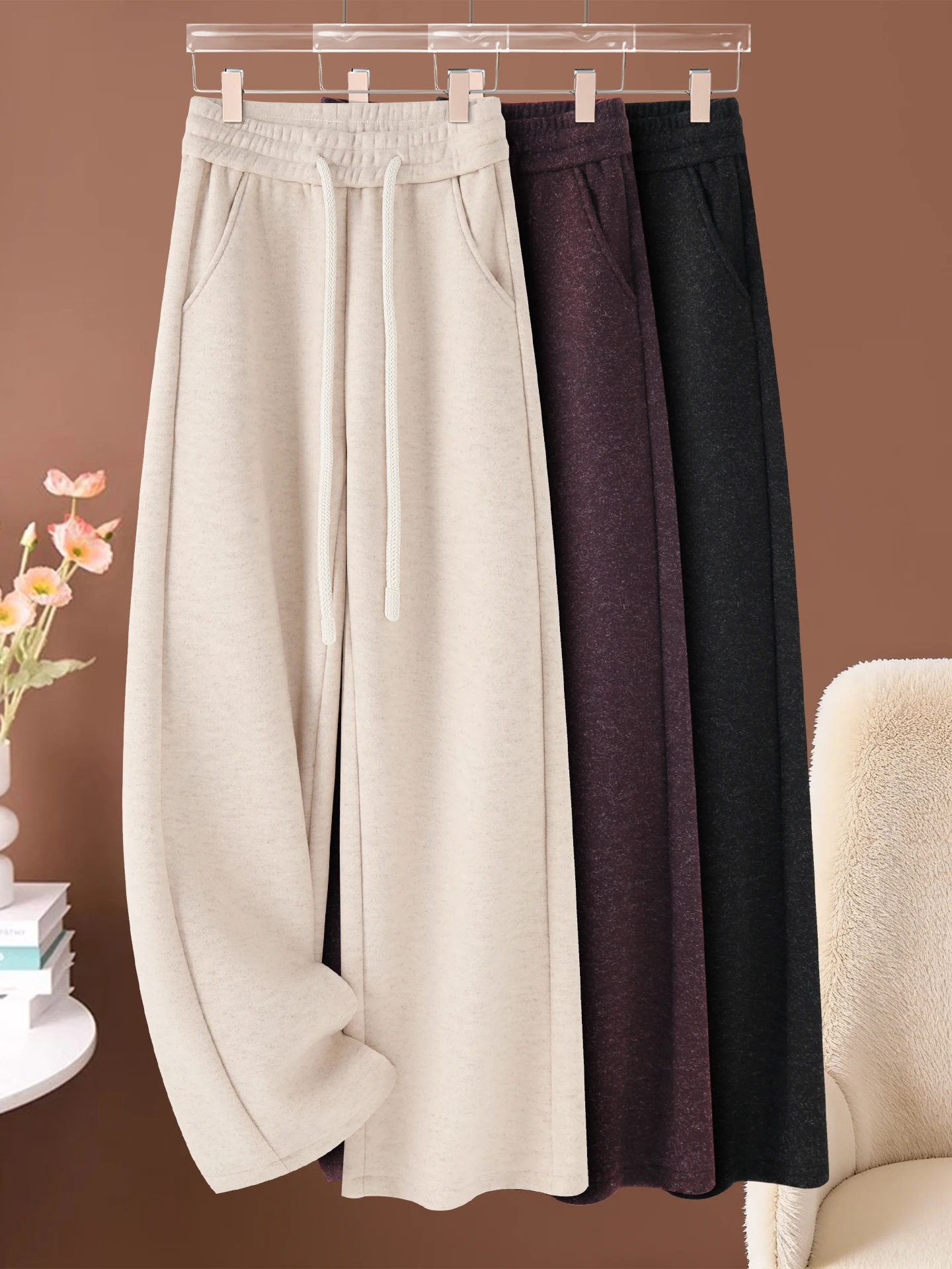 

High Waist Fleece Lined Woolen Wide Leg Pants Women's Casual Straight Cut Trousers Autumn Winter New Style Popular Loose Drapey