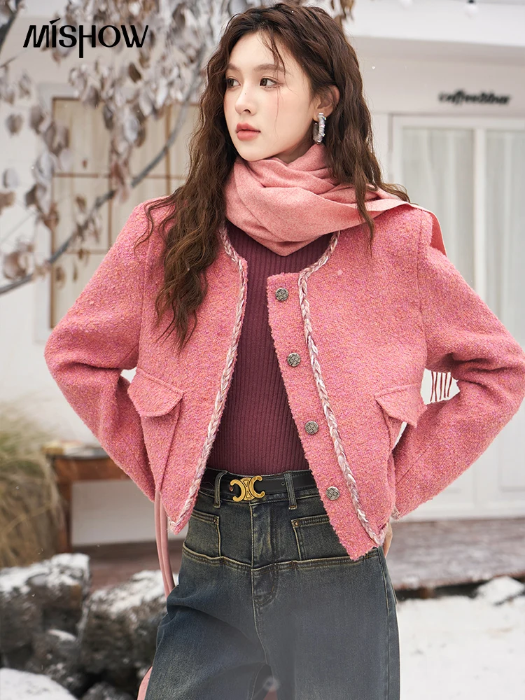 

MISHOW Winter Short Woolen Coat Woman 2023 Autumn Office Tweed Wool Blend Crop Jacket Crew Neck Warm Pink Overcoat MXC57W0222