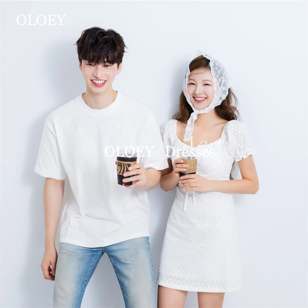 

OLOEY Simple White Lace Short Wedding Dresses Korea Photoshoot Pleated A Line Mini Bridal Gowns Customized Robe de marriage