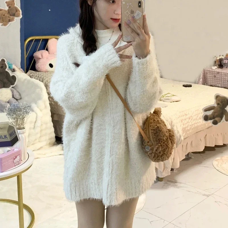 Cardigan Women Solid Hooded Chic Furry All-match Simple Loose Fit Gentle Cozy Soft Outwear Autumn Ins Knitted Casual Popular