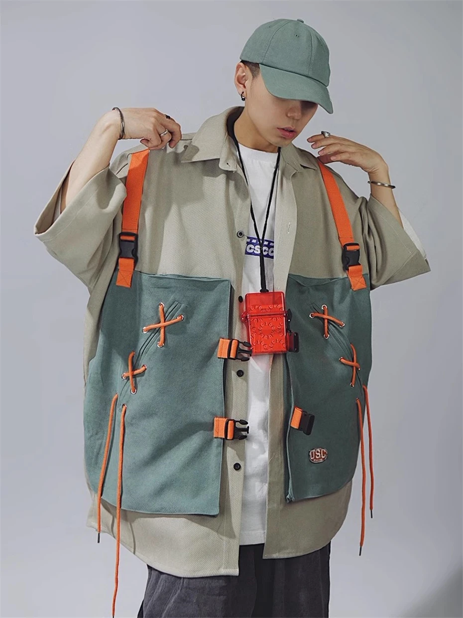 Fake Two Pieces Cargo Shirt Mens Streetwear Patchwork Short Sleeve Shirt Men Oversized Harajuku Vintage Casual Blouse Male