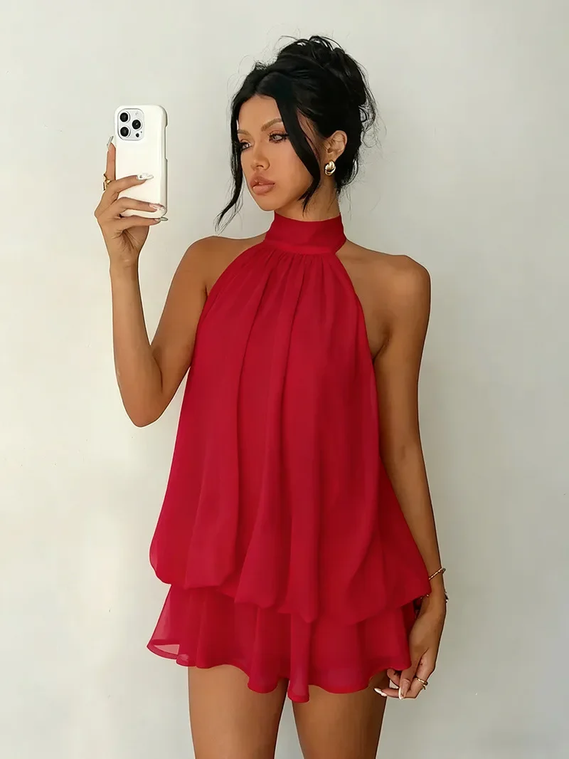 Damen Chiffon-Minikleid mit Neckholder, ärmellos, mehrlagig, mit Rüschen, fließend, einfarbig, locker, A-Linie, Sommer-Party, Strand, Freizeit-Sommerkleid – Detail 37