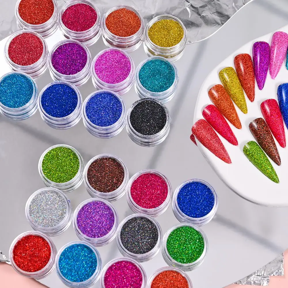 24/12Jars/Kit Sparkly Laser Glitter Powder 0.2mm Mix-Colors Holographic Glitter Nail Powder Xmas Girl Set Manicure Powder PB222