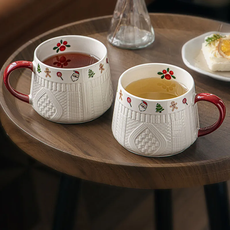 Christmas Sweater Embossed Ceramic Mug, Red Handle Large Belly Coffee Cup Microwave Safe Porcelain Water Cup Holiday Gift
