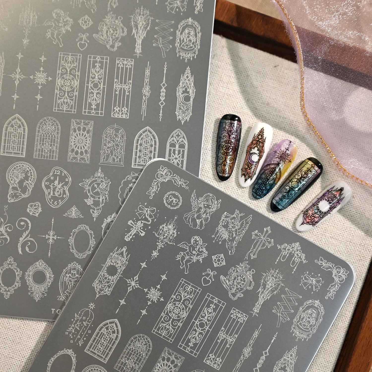 European Vintage Gothic Window Lattice Carved Frame TG-012 Rose Angel Nail Art Printed Steel Plate DIY Nail Art Decoration Tool